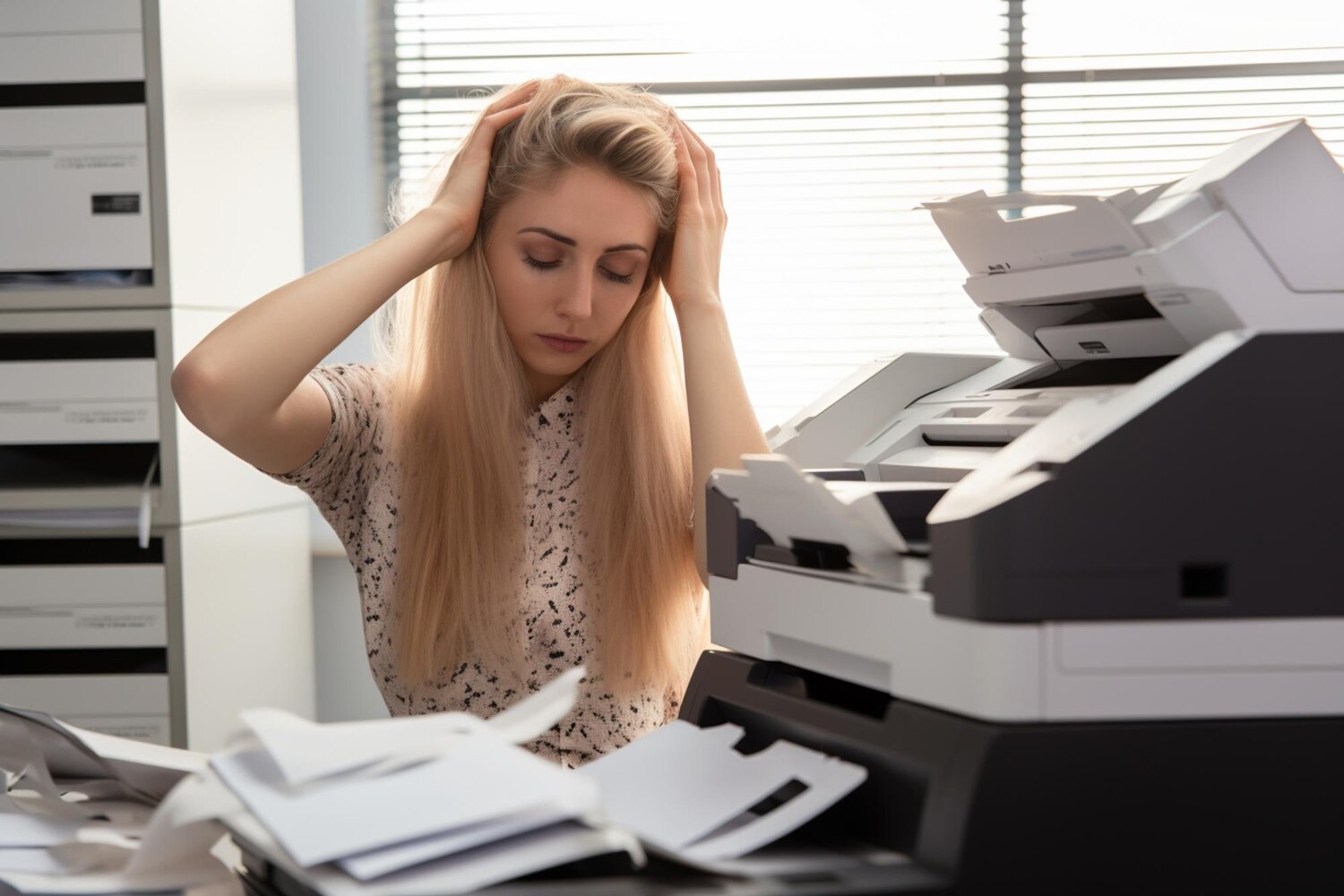 stressed female employee duplicate paperwork copy machine 756748 53169 Impressora não puxa o papel? Veja soluções!